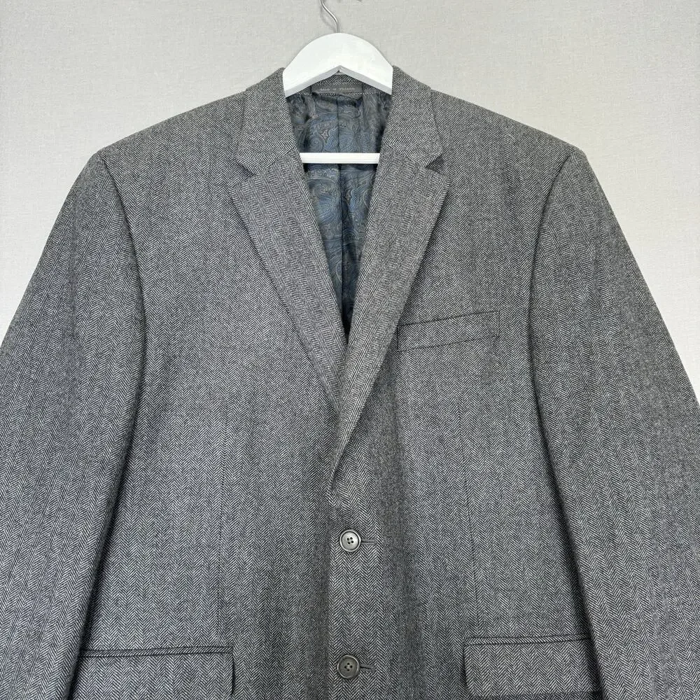 Lauren Ralph Lauren‎ Herringbone Blazer Mens 46R Wool Cashmere Gray Old Money